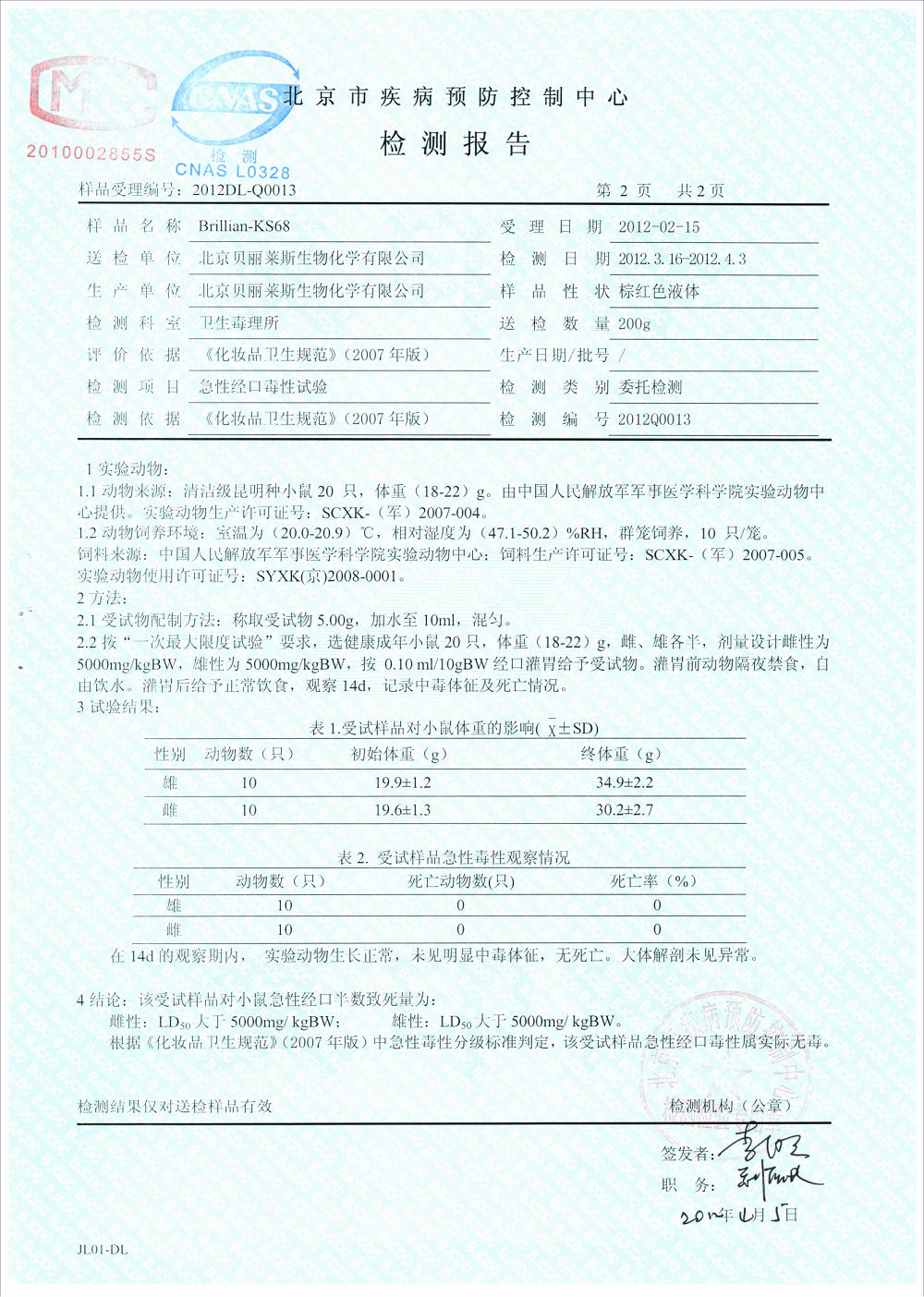 KS68抗衰老劑-毒理學(xué)試驗2012_03